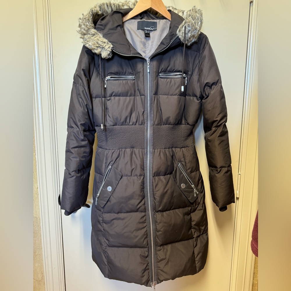 Mango Quilted Long Coat, Chocolate Brown, Size L